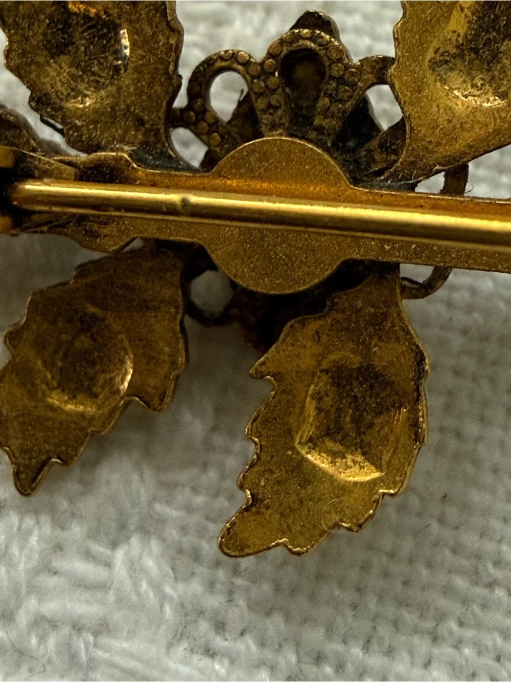 Vintage French Gold-Tone Leaf Brooch with Green Stones 1950s